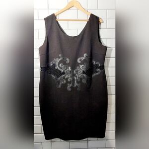 TESORO MODA Ladies Black Textured Sleeveless Pencil Straight Dress Embroidered F